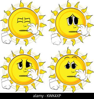 Cartoon sun zipping his mouth. Collection with sad faces. Expressions vector set. Stock Vector