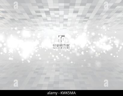 Abstract squares geometric gray and white perspective background with blurred soft focus bokeh. Pixel, Grid, Mosaic. Vector illustration Stock Vector