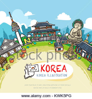 South Korea travel vector poster with pagodas and traditional signs ...