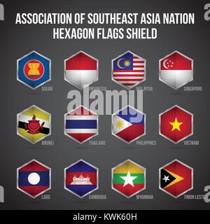 Association of Southeast Asian Nations Hexagon Flags Shield Stock Vector
