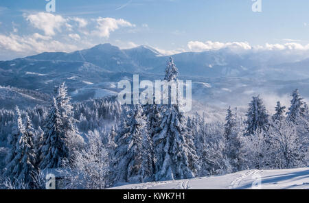 view to Mala Fatra mountains with Velky Rozsutec and Stoh hill from Velka Raca hill in Kysucke Beskydy mountains on slovakian - polish borders during 