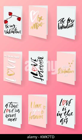 Saint Valentine's day cards templates. Hand drawn romantic modern dry brush lettering. Heart vector illustration. Stock Vector