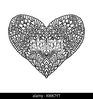 Handdrawn zentangle heart. Mandala style design for St. Valentine day cards. Coloring book pattern. Vector black and white doodle illustration. Stock Vector