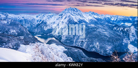Panoramic view of famous Königssee with Watzmann mountain from Jenner mountain summit in beautiful evening light during sunset in winter, Bavaria Stock Photo