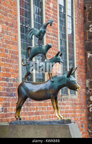 Beautiful view of bronze statue by Gerhard Marcks depicting the famous Bremen Town Musicians (Die Bremer Stadtmusikanten) in Bremen, Germany Stock Photo