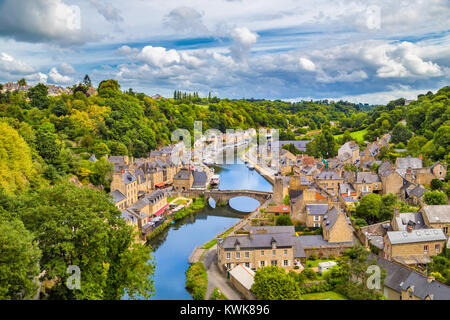 Aerial view of the historic town of Dinan with Rance river with dramatic cloudscape, Cotes-d'Armor department, Bretagne, northwestern France Stock Photo