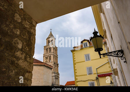 St. Domnius Cathedral Bell Tower through Diocletian palace eastern gate, Split, Croatia Stock Photo