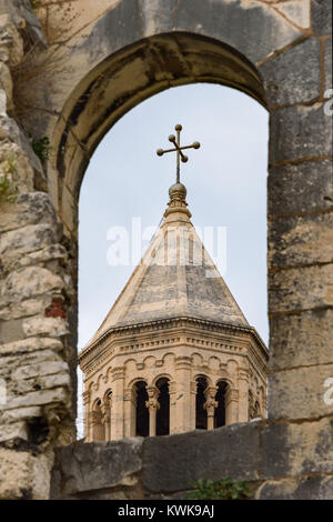 St. Domnius Cathedral Bell Tower through Diocletian palace east wall, Split, Croatia Stock Photo