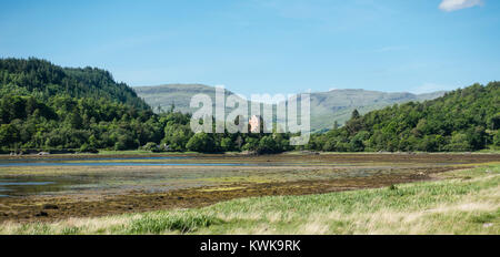 View towards Lochaline Castle, with Mountains in background, Ardtornish Estate, Morvern, Scotland, UK Stock Photo