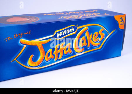 LONDON, UK - DECEMBER 18TH 2017: An unopened pack of Jaffa Cakes, manufactured by McVities, on 18th December 2017. Stock Photo