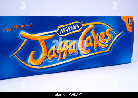 LONDON, UK - DECEMBER 18TH 2017: An unopened pack of Jaffa Cakes, manufactured by McVities, on 18th December 2017. Stock Photo