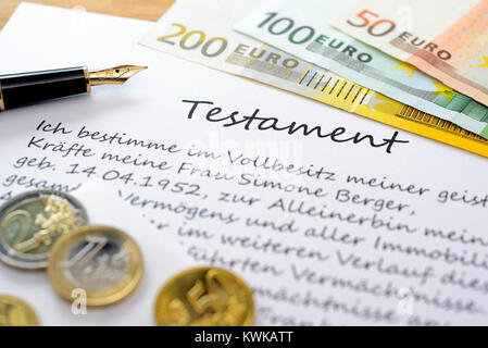 Testament and bank notes, inheritance tax, Testament und Geldscheine, Erbschaftsteuer Stock Photo