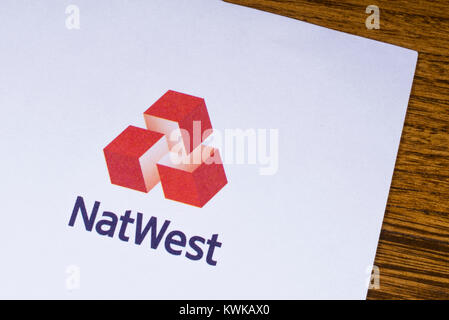 LONDON, UK - DECEMBER 18TH 2017: Close-up of the Natwest bank logo on a promotional leaflet, on 18th December 2017. Stock Photo