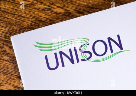 LONDON, UK - DECEMBER 18TH 2017: Close-up of the UNISON logo on a leaflet, on 18th December 2017.  UNISON is the second largest trade union in the UK. Stock Photo