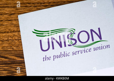 LONDON, UK - DECEMBER 18TH 2017: Close-up of the UNISON logo on a leaflet, on 18th December 2017.  UNISON is the second largest trade union in the UK. Stock Photo