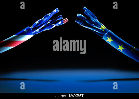 Cut Internet cable with flags of the USA and the EU, data protection agreement safe Harbor invalid, Durchgeschnittenes Internetkabel mit Fahnen der US Stock Photo