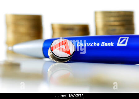 Ballpoint pen of the German bank and Pin of the agency for work, place dismantling in the German bank, Kugelschreiber der Deutschen Bank und Pin der A Stock Photo