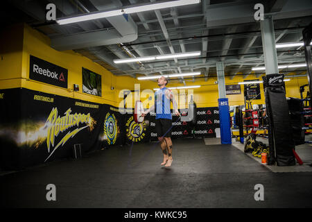Former WWF Wrestler, CM Punk (Phil Brooks) trains at Roufusport Gym and MMA Academy in Milwaukee, Wisconsin. Stock Photo