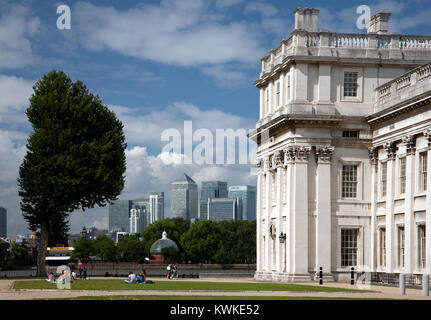 The Old Royal Naval College, Greenwich, with views of Canary Wharf across the River Thames, London. Stock Photo