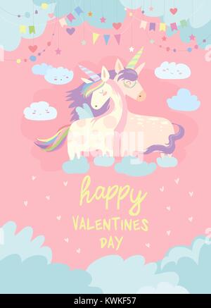 Cute card with fairy unicorns in love Stock Vector