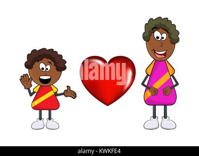 african black boy cartoon with mother and heart isolated on white background Stock Vector