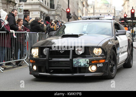 LONDON - JAN 01, 2018: Transformers police car takes part in the New Year's Day Parade 2018 in London Stock Photo