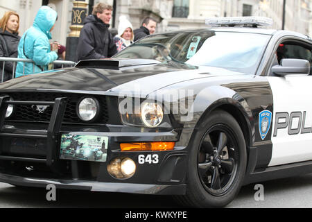 LONDON - JAN 01, 2018: Transformers police car takes part in the New Year's Day Parade 2018 in London Stock Photo