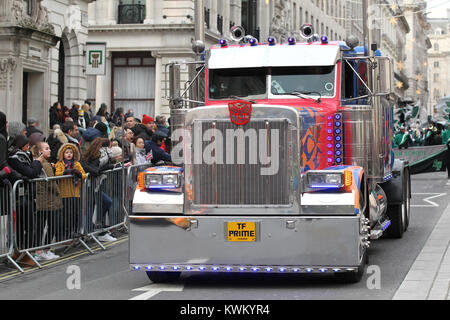 LONDON - JAN 01, 2018: Transformers Optimus Prime Truck take part in the New Year's Day Parade 2018 in London Stock Photo