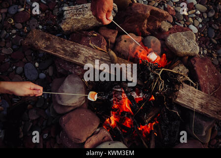 High angle view of hands roasting marshmallows over campfire Stock Photo