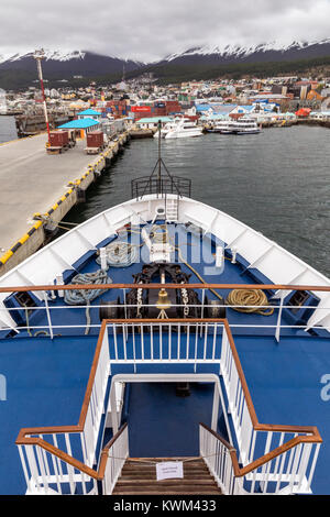 Bow view; passenger ship Ocean Adventurer docked in Ushuaia; Argentina; enroute to Antarctica Stock Photo