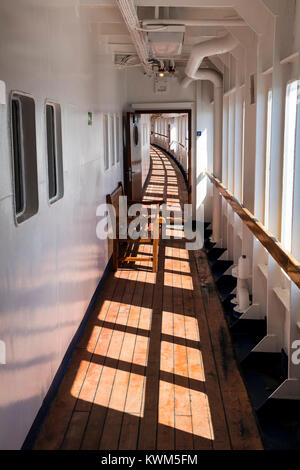 Deck view of passenger ship Ocean Adventurer carries alpine mountaineering skiers to Antarctica Stock Photo