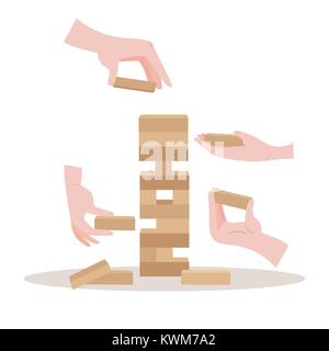Tower balance game with hands. Wooden stack risk block toy for two or more persons. Take and put process. Vector illustration isolated on white backgr Stock Vector