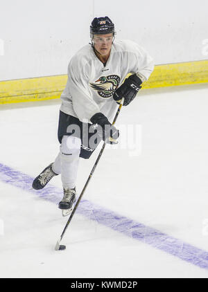 Davenport, Iowa, USA. 5th Oct, 2016. Forward Nolan LaPorte (20) looks the pass the puck during the first day of training camp for the Mallards at the iWireless Center in Moline on Wednesday, October 5, 2016. Credit: Andy Abeyta/Quad-City Times/ZUMA Wire/Alamy Live News Stock Photo
