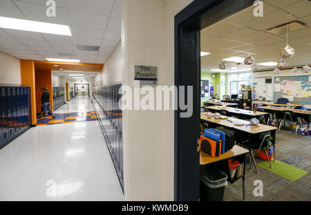 Davenport, Iowa, USA. 14th Sep, 2016. One of the new classrooms is seen along the library corridor at Bridgeview Elementary School in Le Claire on Wednesday, September 14, 2016. Bridgeview Elementary in the Pleasant Valley Community School District held an open house after undergoing significant renovation and expansion. Credit: Andy Abeyta/Quad-City Times/ZUMA Wire/Alamy Live News Stock Photo