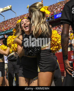 Ames, Iowa, USA. 9th Sep, 2017. Iowa Hawkeyes cheerleaders celebrate a touchdown during the fourth quarter of their game at Jack Trice Stadium in Ames on Saturday, September 9, 2017. Credit: Andy Abeyta, Quad-City Times/Quad-City Times/ZUMA Wire/Alamy Live News Stock Photo