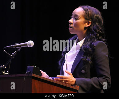 Davenport, Iowa, USA. 12th Oct, 2017. Attorney Courtney Wilson of Davenport gives her oral argument for the appellant, Carlos Ariel Gomez Garcia, to six of the seven members of the Iowa Supreme Court, Thursday, October 12, 2017, during a special session of the Iowa Supreme Court held in the Performing Arts Center at Davenport Central High School. Credit: John Schultz/Quad-City Times/ZUMA Wire/Alamy Live News Stock Photo