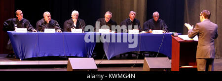 Davenport, Iowa, USA. 12th Oct, 2017. Six of the seven members of the Iowa Supreme Court listen to an oral argument from Assistant Attorney General Louis Sloven of Des Moines, Thursday, October 12, 2017, during a special session of the Iowa Supreme Court held in the Performing Arts Center at Davenport Central High School. The case is the State of Iowa v. Carlos Ariel Gomez Garcia from the Scott County District Court. Credit: John Schultz/Quad-City Times/ZUMA Wire/Alamy Live News Stock Photo