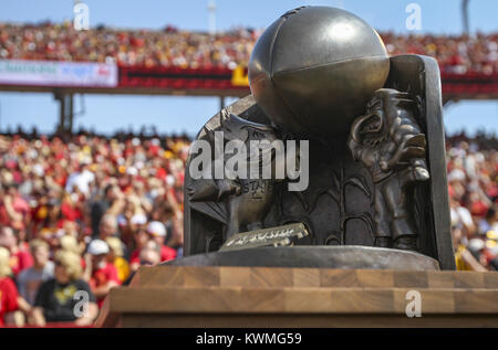 Ames, Iowa, USA. 9th Sep, 2017. The Cy-Hawk trophy is seen on the Iowa sideline during the fourth quarter of their game at Jack Trice Stadium in Ames on Saturday, September 9, 2017. Credit: Andy Abeyta, Quad-City Times/Quad-City Times/ZUMA Wire/Alamy Live News Stock Photo