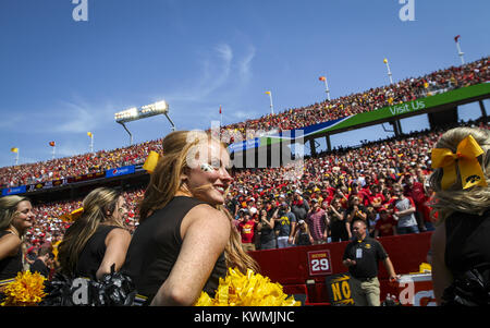 Ames, Iowa, USA. 9th Sep, 2017. Iowa Hawkeyes cheerleaders cheer for their team during the fourth quarter of their game at Jack Trice Stadium in Ames on Saturday, September 9, 2017. Credit: Andy Abeyta, Quad-City Times/Quad-City Times/ZUMA Wire/Alamy Live News Stock Photo