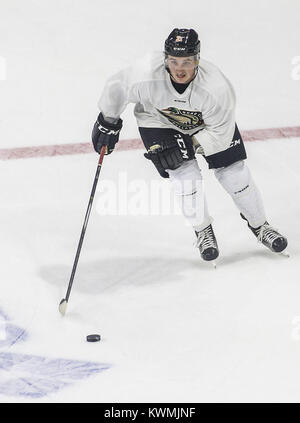 Davenport, Iowa, USA. 5th Oct, 2016. Forward Connor Brown (21) looks to take a shot during the first day of training camp for the Mallards at the iWireless Center in Moline on Wednesday, October 5, 2016. Credit: Andy Abeyta/Quad-City Times/ZUMA Wire/Alamy Live News Stock Photo