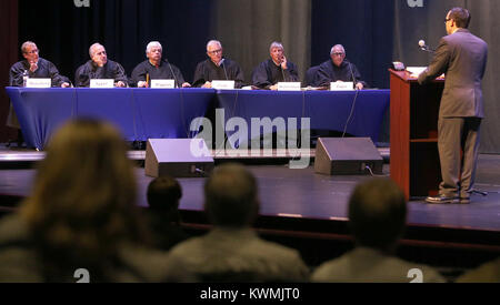 Davenport, Iowa, USA. 12th Oct, 2017. Justice Edward Mansfield (first from left) of the Iowa Supreme Court asks a question during oral arguments precented by Assistant Attorney General Louis Sloven of Des Moines, Thursday, October 12, 2017, during a special session of the Iowa Supreme Court held in the Performing Arts Center at Davenport Central High School. The case is the State of Iowa v. Carlos Ariel Gomez Garcia. Credit: John Schultz/Quad-City Times/ZUMA Wire/Alamy Live News Stock Photo