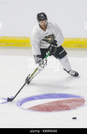 Davenport, Iowa, USA. 5th Oct, 2016. Forward Chris Francis (12) receives a pass during the first day of training camp for the Mallards at the iWireless Center in Moline on Wednesday, October 5, 2016. Credit: Andy Abeyta/Quad-City Times/ZUMA Wire/Alamy Live News Stock Photo
