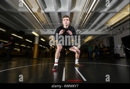 Iowa City, Iowa, USA. 8th Nov, 2017. Iowa Hawkeyes wrester Brandon Sorensen poses for a photo at the Dan Gable Wrestling Complex in Iowa City on Wednesday, November 8, 2017. Credit: Andy Abeyta/Quad-City Times/ZUMA Wire/Alamy Live News Stock Photo