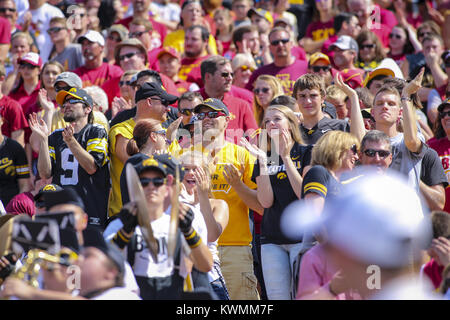 Ames, Iowa, USA. 9th Sep, 2017. Iowa Hawkeyes fans cheer for their team as the game gets ready to go into overtime at Jack Trice Stadium in Ames on Saturday, September 9, 2017. Credit: Andy Abeyta, Quad-City Times/Quad-City Times/ZUMA Wire/Alamy Live News Stock Photo