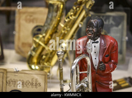 Davenport, Iowa, USA. 13th July, 2017. A Louis Armstrong figure is seen at the Bix Beiderbecke Museum and Archive in the River Music Experience in Davenport on Thursday, July 13, 2017. The new museum honors the life and music of Bix Beiderbecke and features many original artifacts related to Beiderbecke and his colleagues. Credit: Andy Abeyta, Quad-City Times/Quad-City Times/ZUMA Wire/Alamy Live News Stock Photo