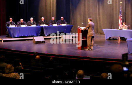 Davenport, Iowa, USA. 12th Oct, 2017. Six of the seven members of the Iowa Supreme Court listen to an oral argument from Assistant Attorney General Louis Sloven of Des Moines, Thursday, October 12, 2017, during a special session of the Iowa Supreme Court held in the Performing Arts Center at Davenport Central High School. The case is the State of Iowa v. Carlos Ariel Gomez Garcia from the Scott County District Court. Credit: John Schultz/Quad-City Times/ZUMA Wire/Alamy Live News Stock Photo