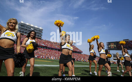 Ames, Iowa, USA. 9th Sep, 2017. Iowa Hawkeye cheerleaders cheer for their team during the first quarter of their game at Jack Trice Stadium in Ames on Saturday, September 9, 2017. Credit: Andy Abeyta, Quad-City Times/Quad-City Times/ZUMA Wire/Alamy Live News Stock Photo