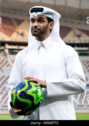 Doha, Qatar. 4th Jan, 2018. The general secretary of the World Cup's organisation committee Hassan Al-Thawadi is participating in a press conference in the Khalifa International Stadium in Doha, Qatar, 4 January 2018. The final round of the Soccer World Cup will be held in Qatar in 2022. Credit: Sven Hoppe/dpa/Alamy Live News