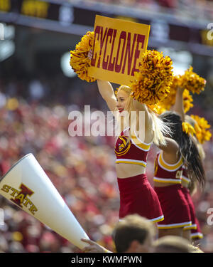 Ames, Iowa, USA. 9th Sep, 2017. Iowa State Cyclones cheerleaders cheer for their team during the third quarter of their game at Jack Trice Stadium in Ames on Saturday, September 9, 2017. Credit: Andy Abeyta, Quad-City Times/Quad-City Times/ZUMA Wire/Alamy Live News Stock Photo