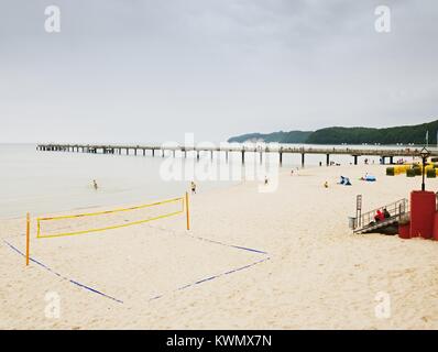 18th of August 2017, Binz, Germany. Morning beach with empty volleyball playground and few relaxing people. The Baltic sea beach Stock Photo